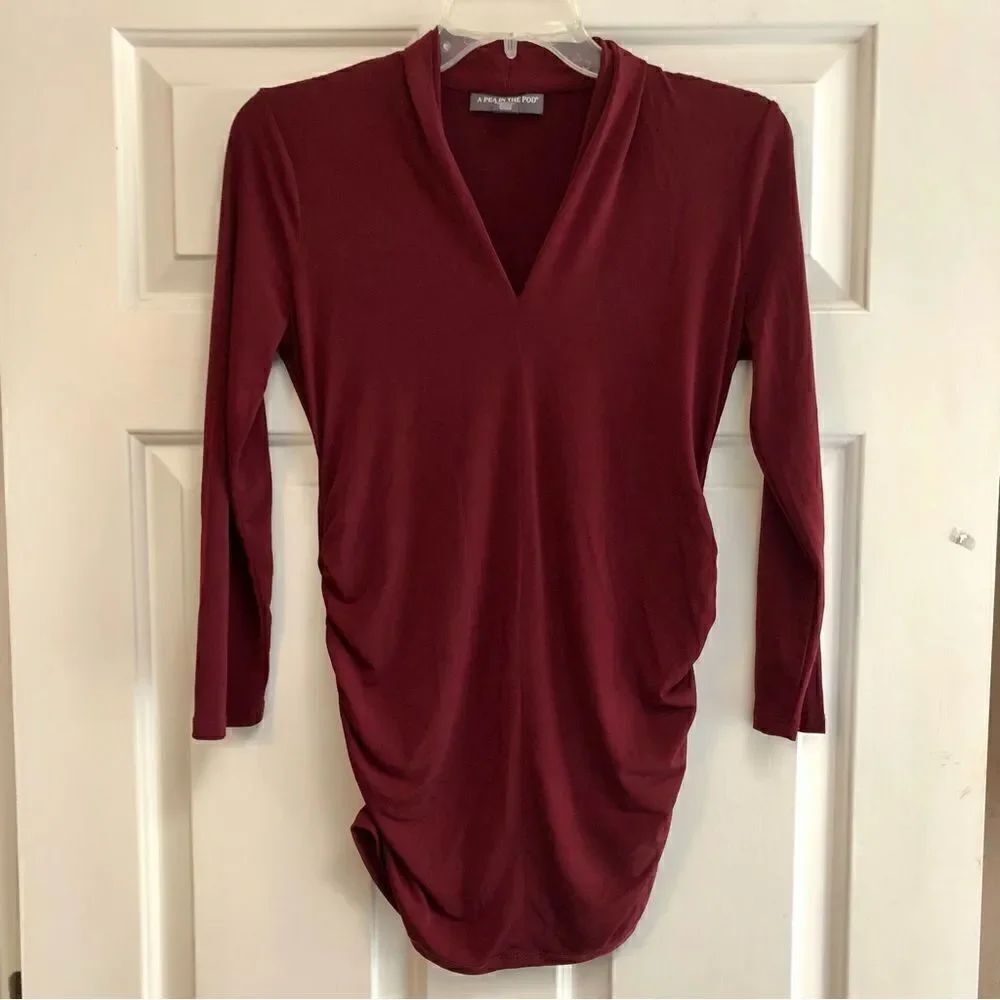 A Pea in the Pod Burgundy Red, V-neck, Stretch, Ruching on the Sides Blouse
